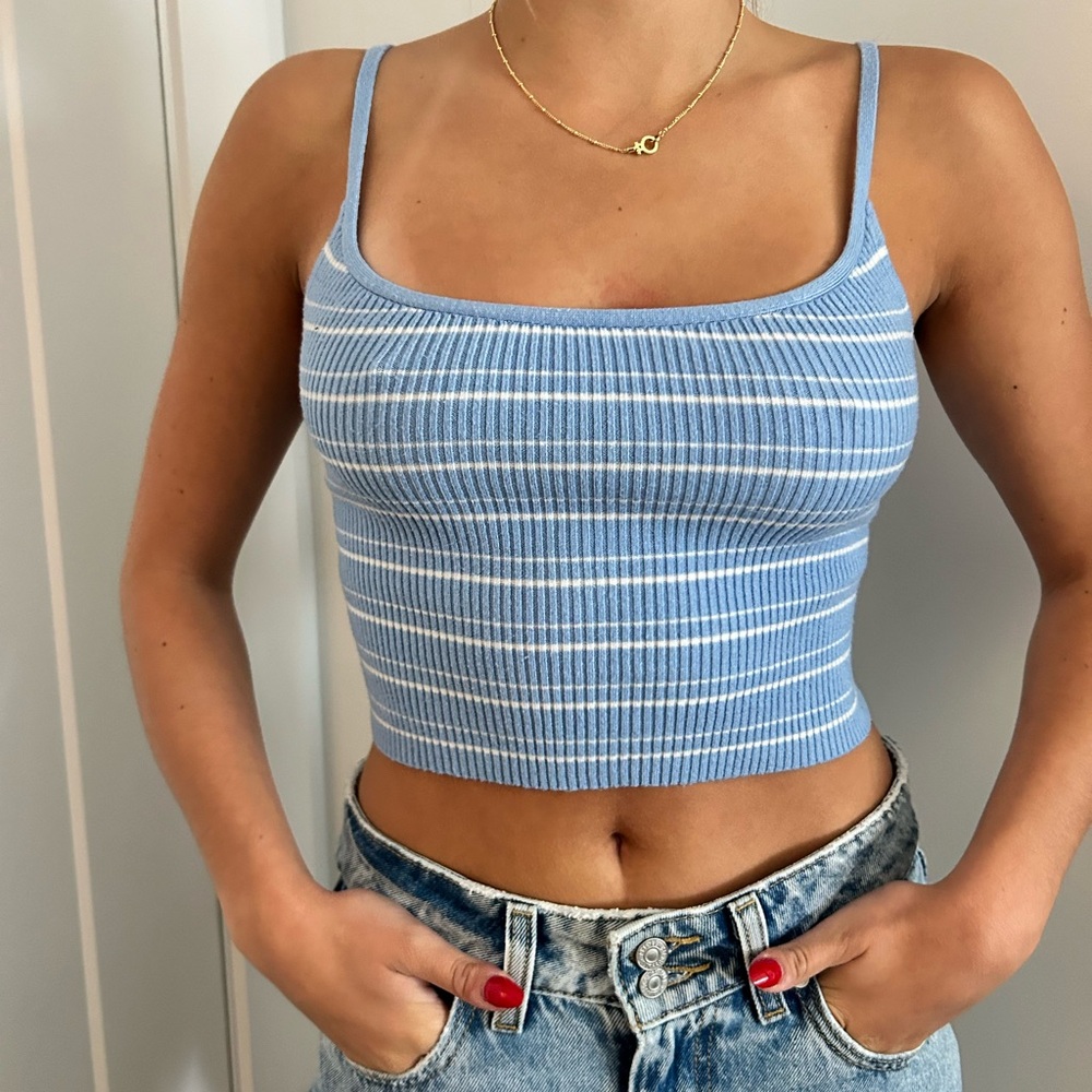 La Hearts Blue Ribbed Crop Tank Top